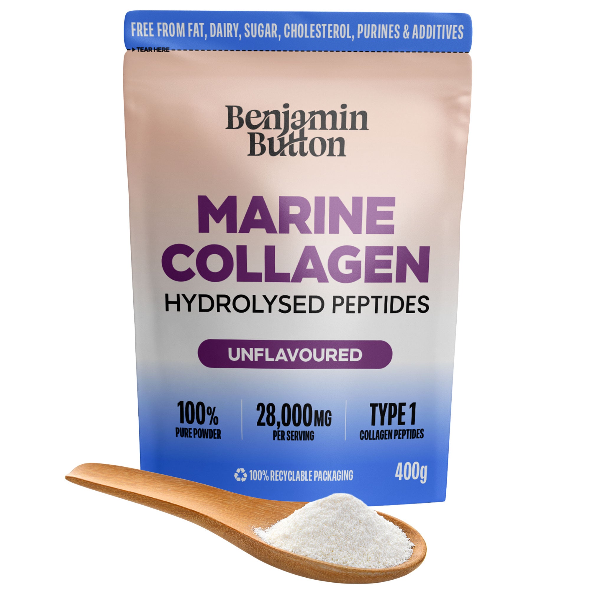 Marine Collagen Powder – 93% Protein, Wild-Caught, 400g Unflavoured | Benjamin Button