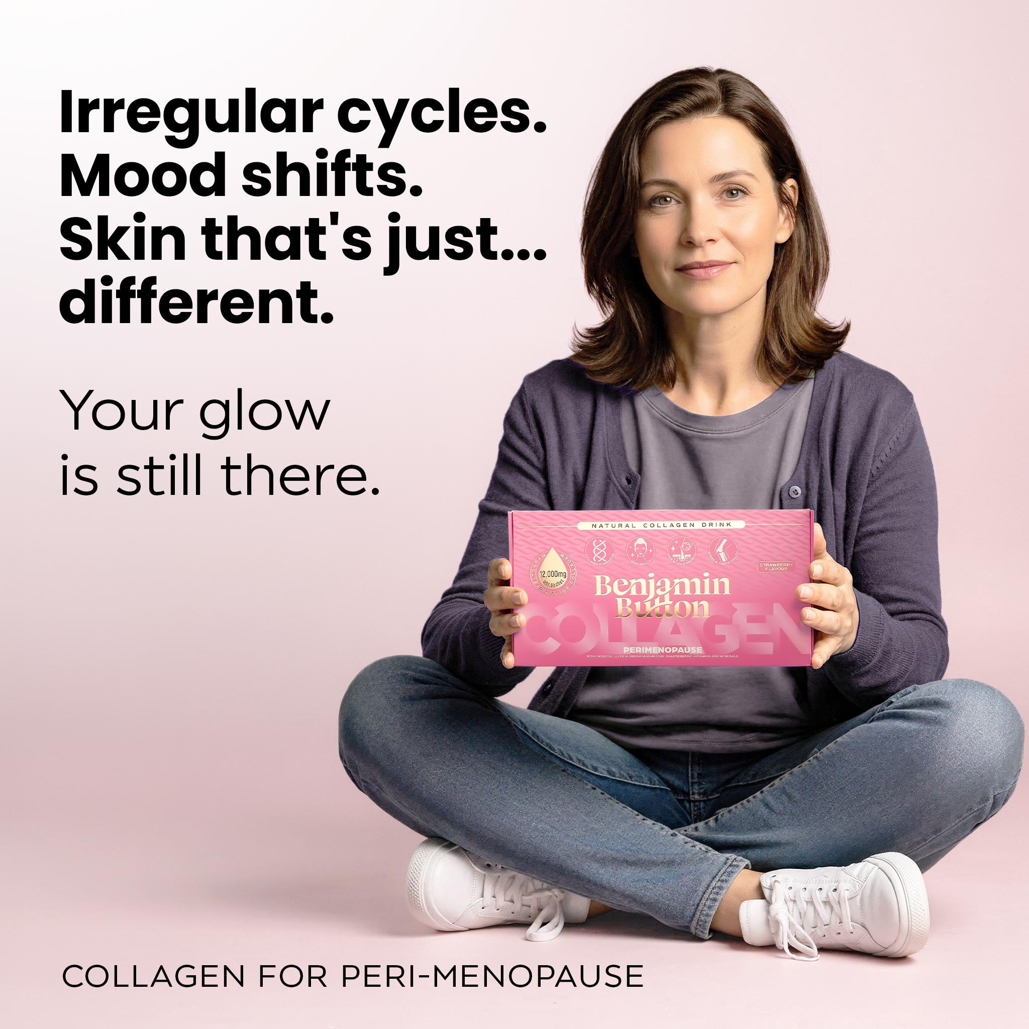 أكياس كولاجين الفراولة لفترة ما قبل انقطاع الطمث – عبوة 14 (إمداد لمدة أسبوعين) – 12,000 ملغ كولاجين بحري مع توت العفة، الفيتامينات وحمض الهيالورونيك