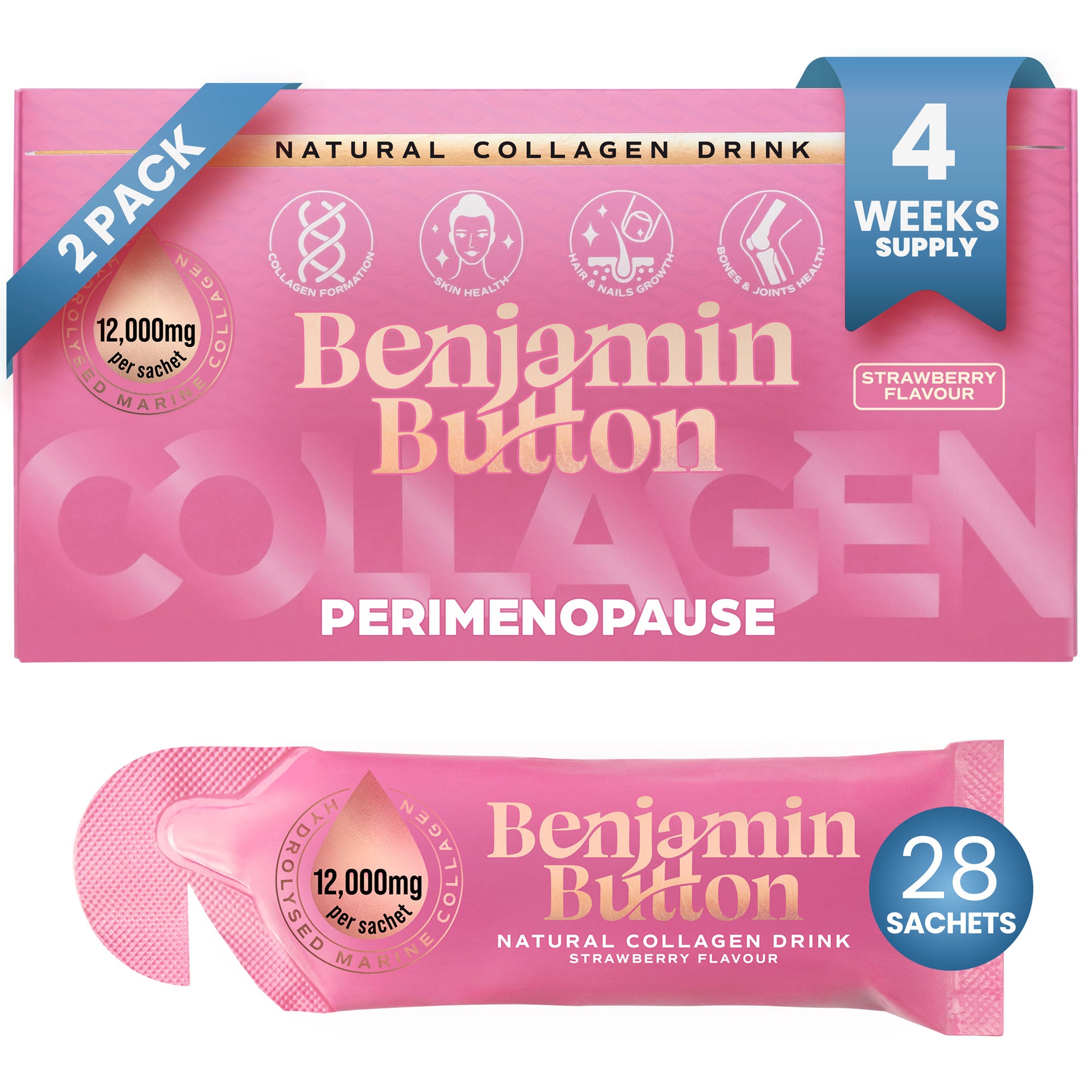 Perimenopause Collagen Strawberry Sachets – 28 Pack (4 Weeks Supply) – 12,000mg Marine Collagen with Chasteberry, Vitamins & Hyaluronic Acid