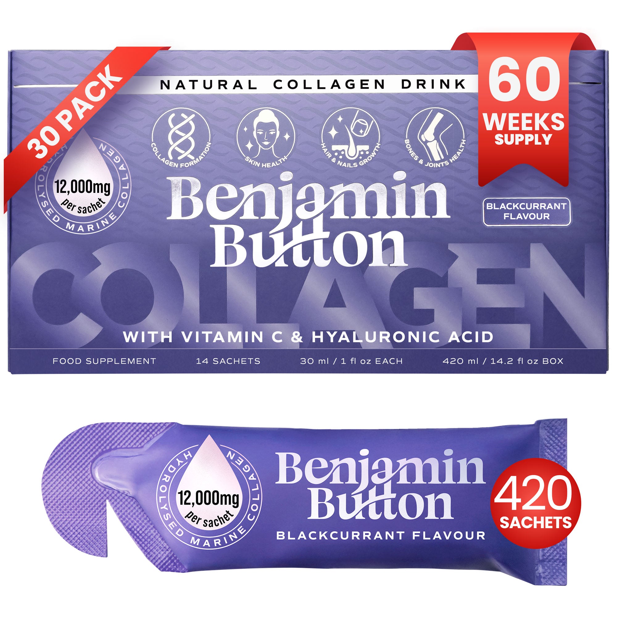 420x BlackCurrant 12,000mg Marine Collagen Liquid Sachets