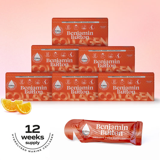 84x Pomarańczowe 10,000mg Morski Kolagen Płynne Saszetki - Benjamin Button®