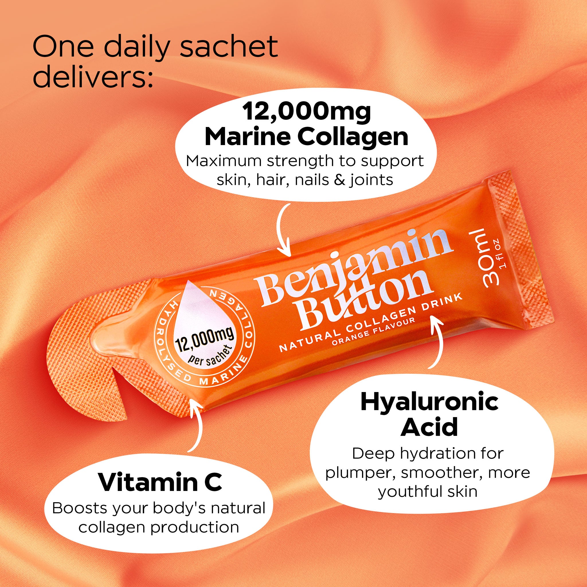Benjamin Button 12,000mg Marine Collagen Drink - Orange Liquid Sachets