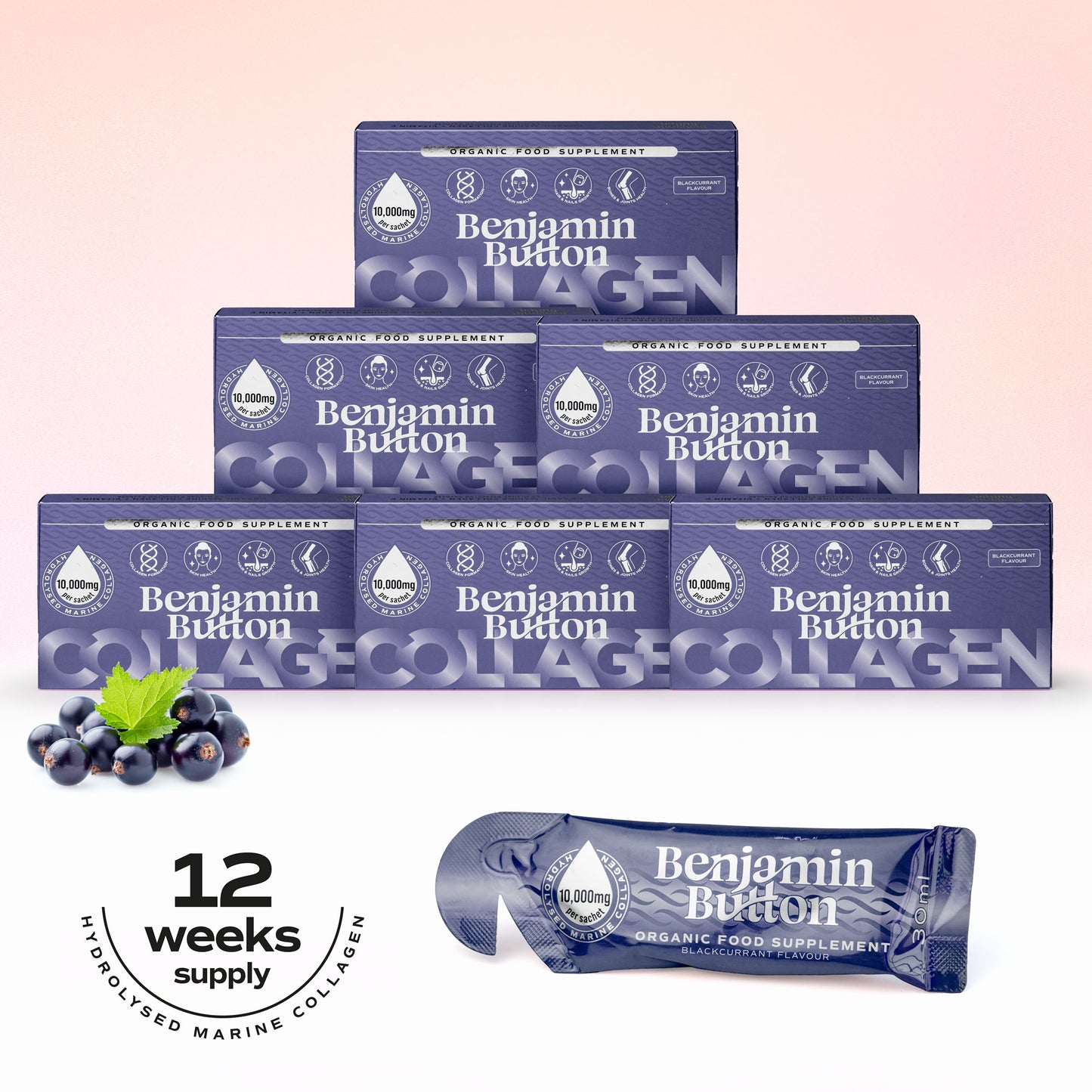 84x BlackCurrant Marine Collagen Liquid Sachets - Benjamin Button®