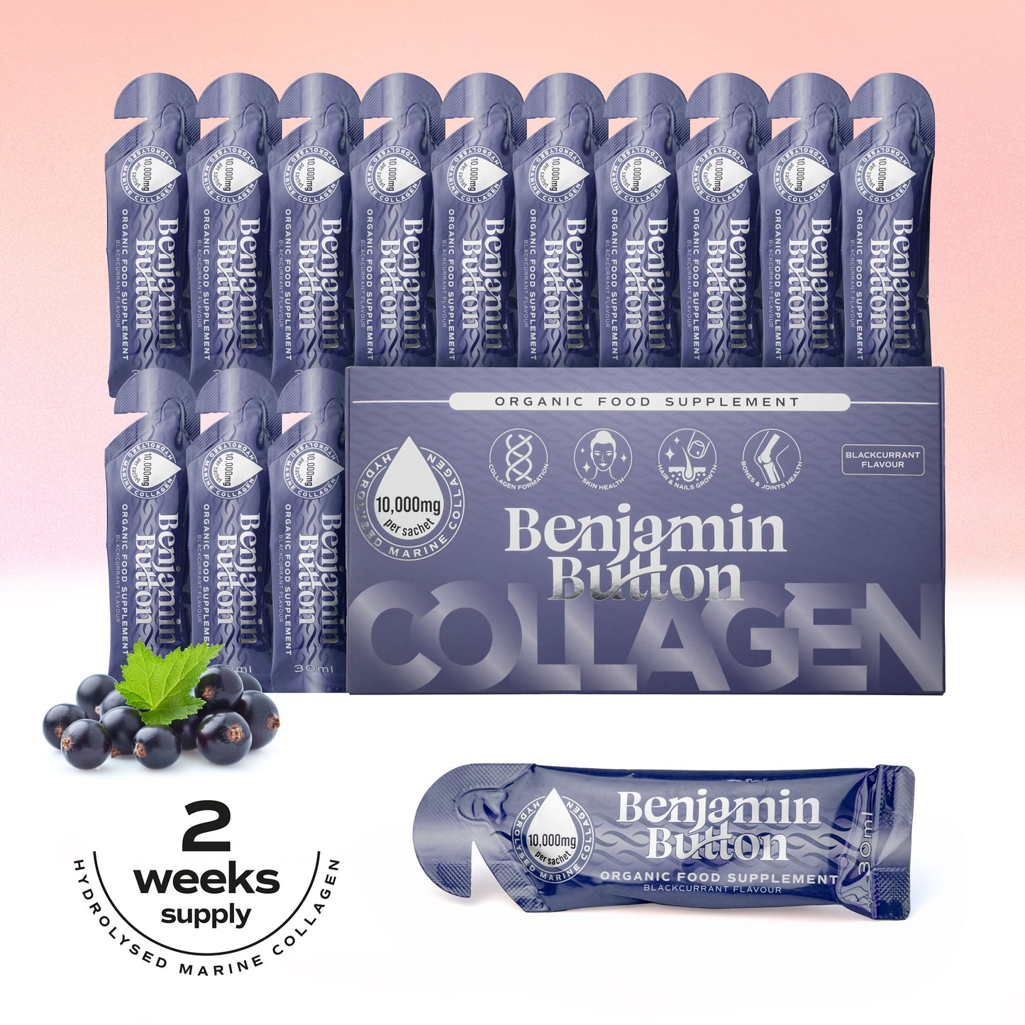 14x BlackCurrant Marine Collagen Liquid Sachets - Benjamin Button®