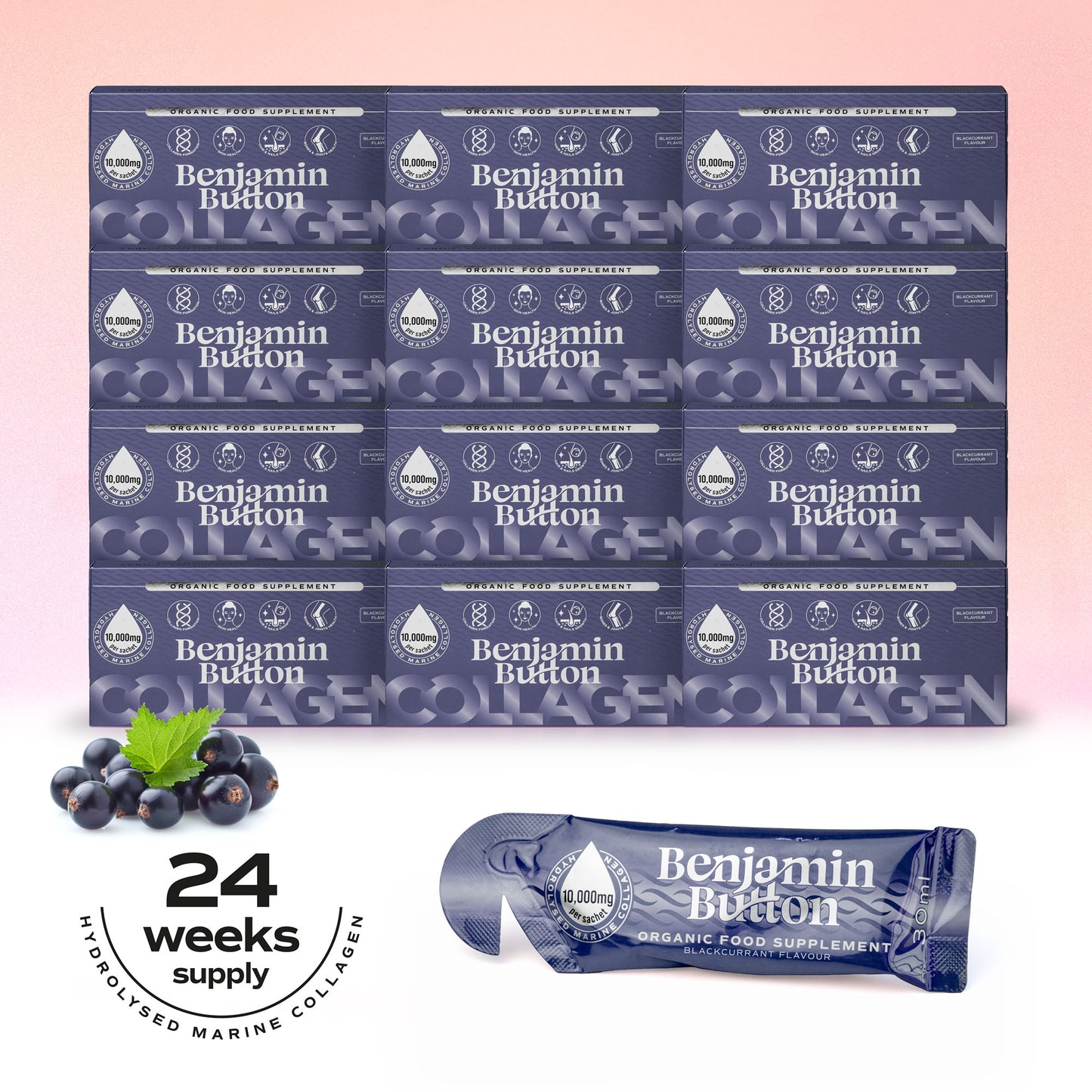 168x BlackCurrant Marine Collagen Liquid Sachets - Benjamin Button®