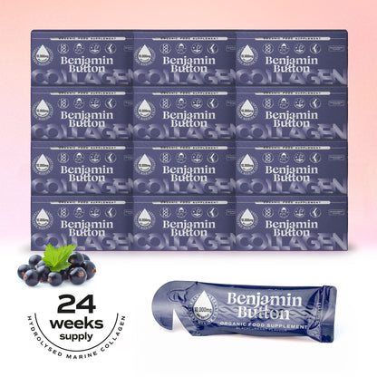 168x Czarna porzeczka 10,000mg Kolagen morski Płynne saszetki - Benjamin Button®