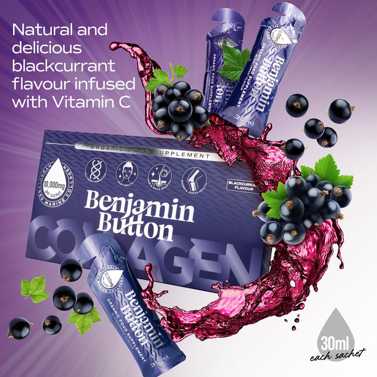 84x BlackCurrant 10,000mg Marine Collagen Liquid Sachets