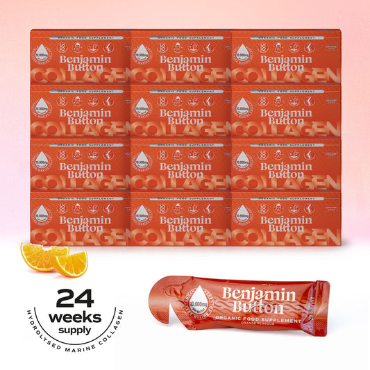 168x Pomarańczowe 10,000mg Morski Płynny Kolagen Saszetki - Benjamin Button®