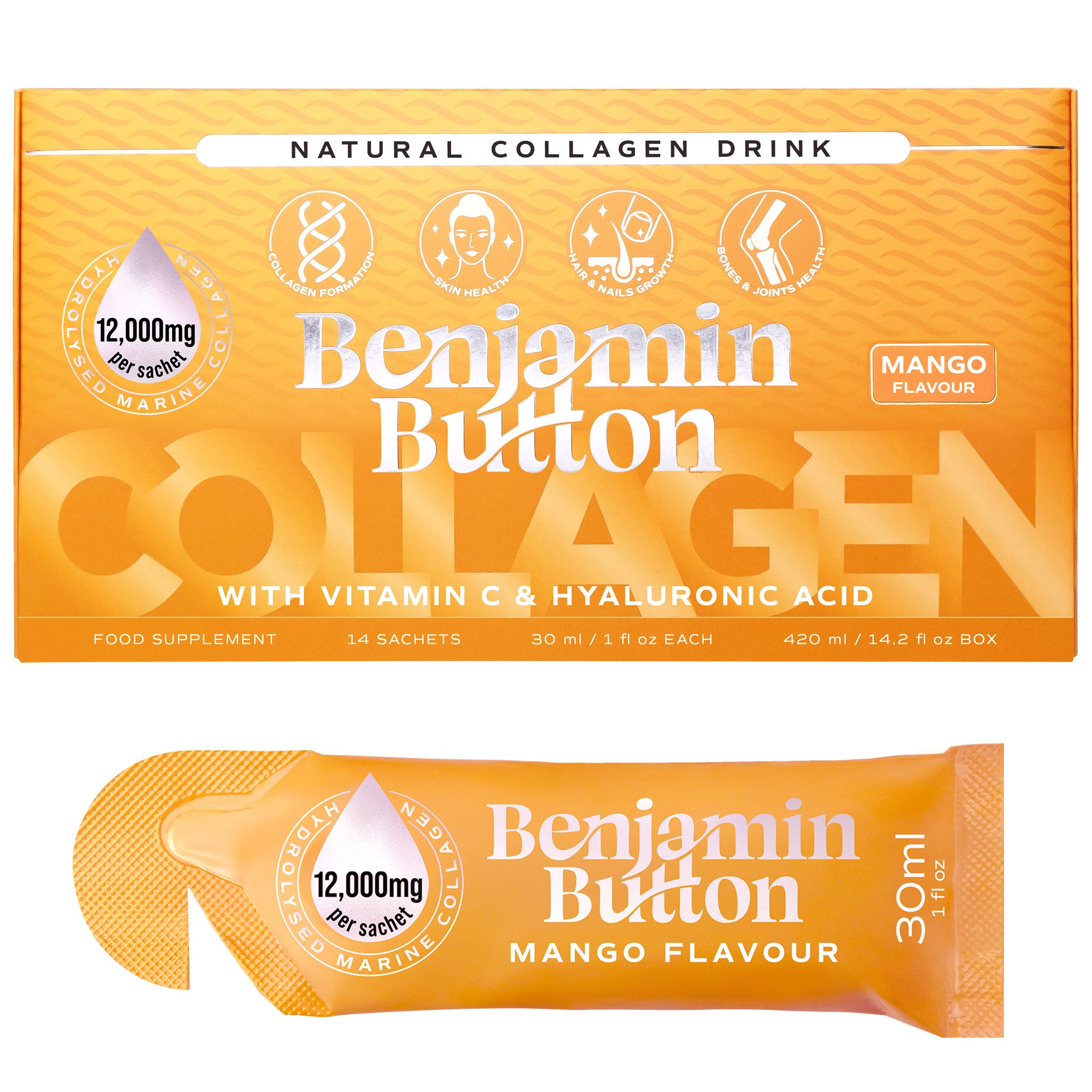 14x Mango 12,000mg Marin Kollagen Flytande Påsar