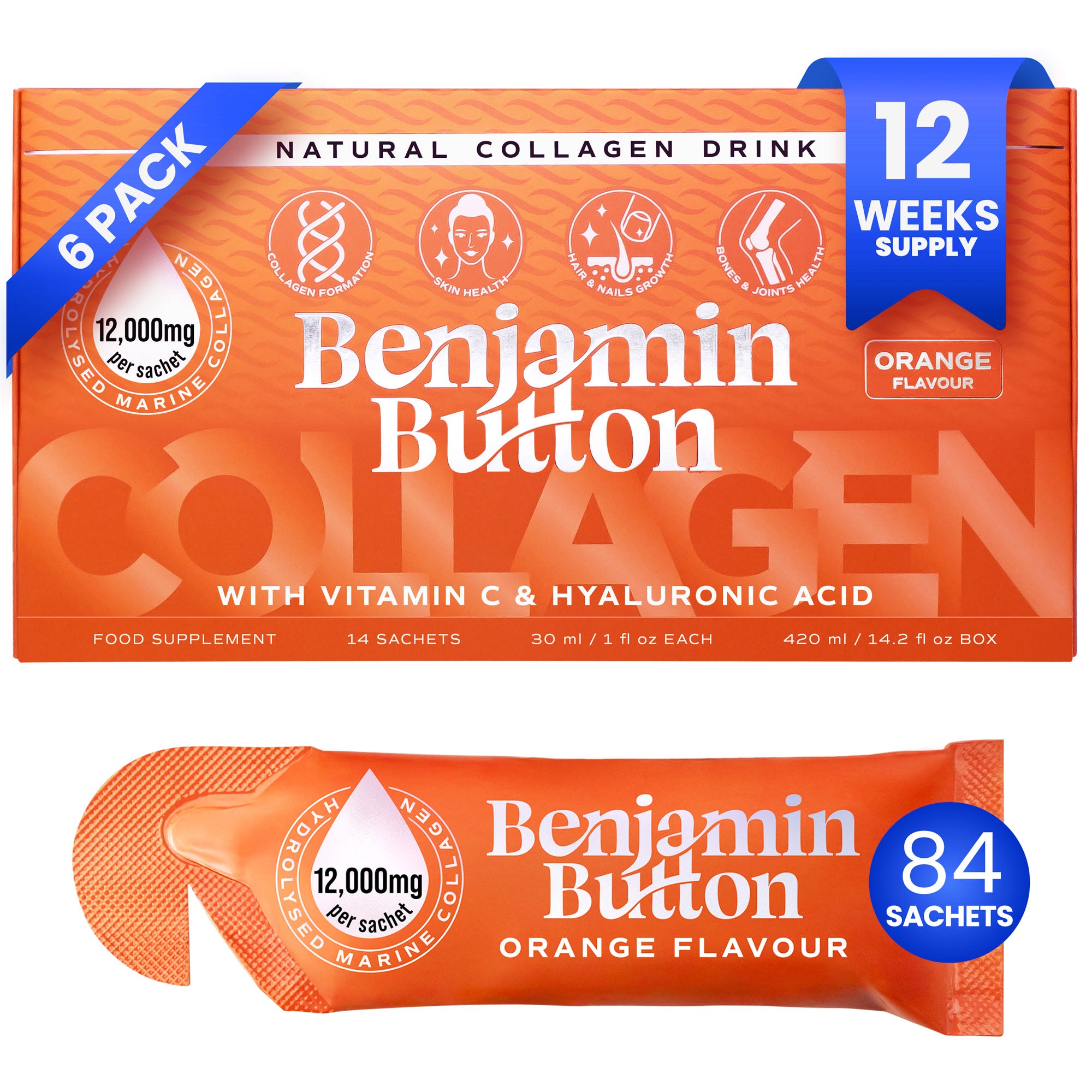 84x Sachets Liquides de Collagène Marin Orange 12,000mg