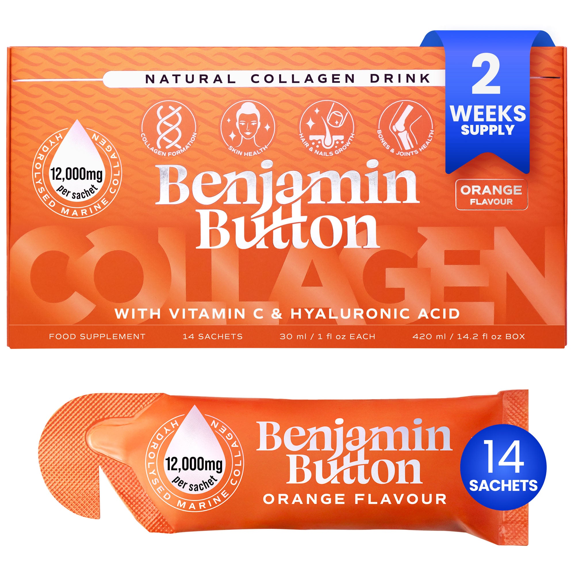 14x Sachets Liquides de Collagène Marin Orange 12,000mg